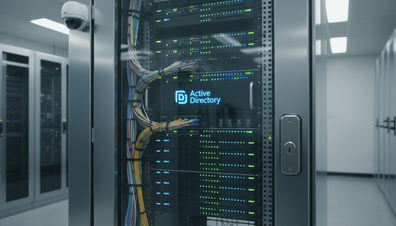 Tela de gerenciamento do Active Directory em um servidor, mostrando unidades organizacionais e grupos de usuários em um escritório de PME.