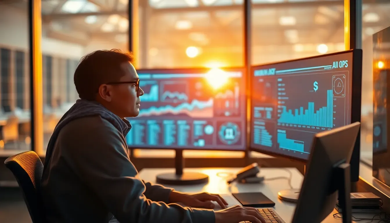 Painel de monitoramento preditivo com alertas de infraestrutura e gráficos de tendência em operação de TI corporativa