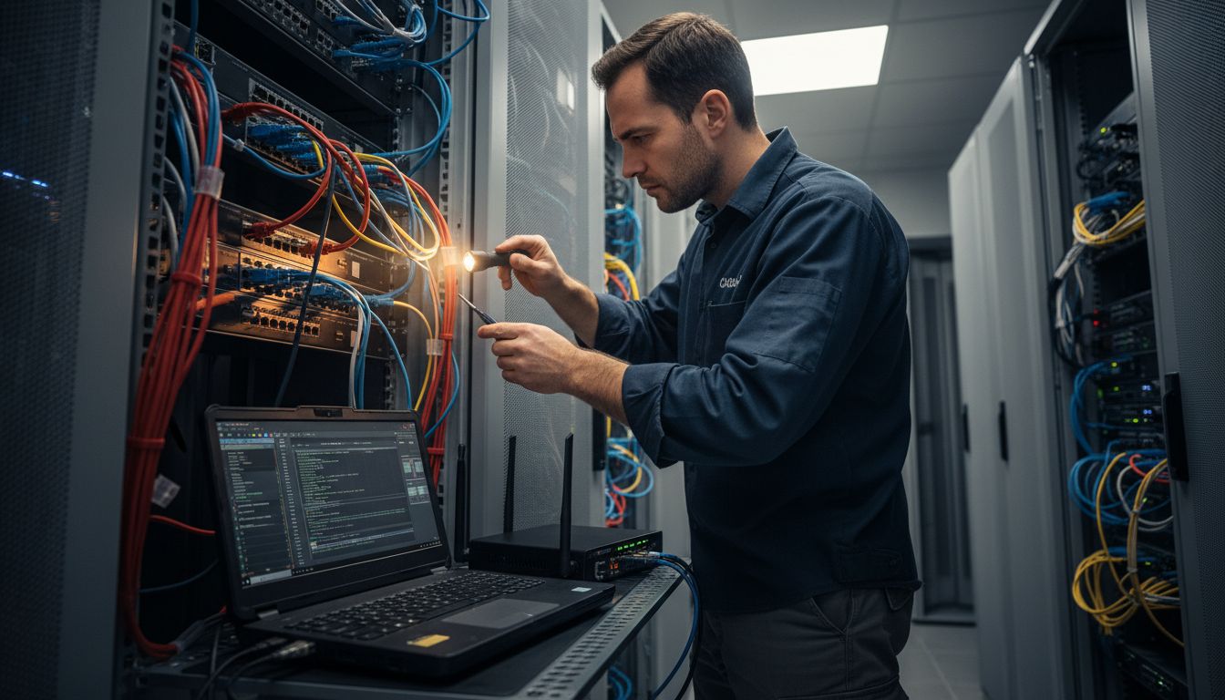 Técnico de TI realizando atendimento on-site em servidor de empresa no Rio de Janeiro