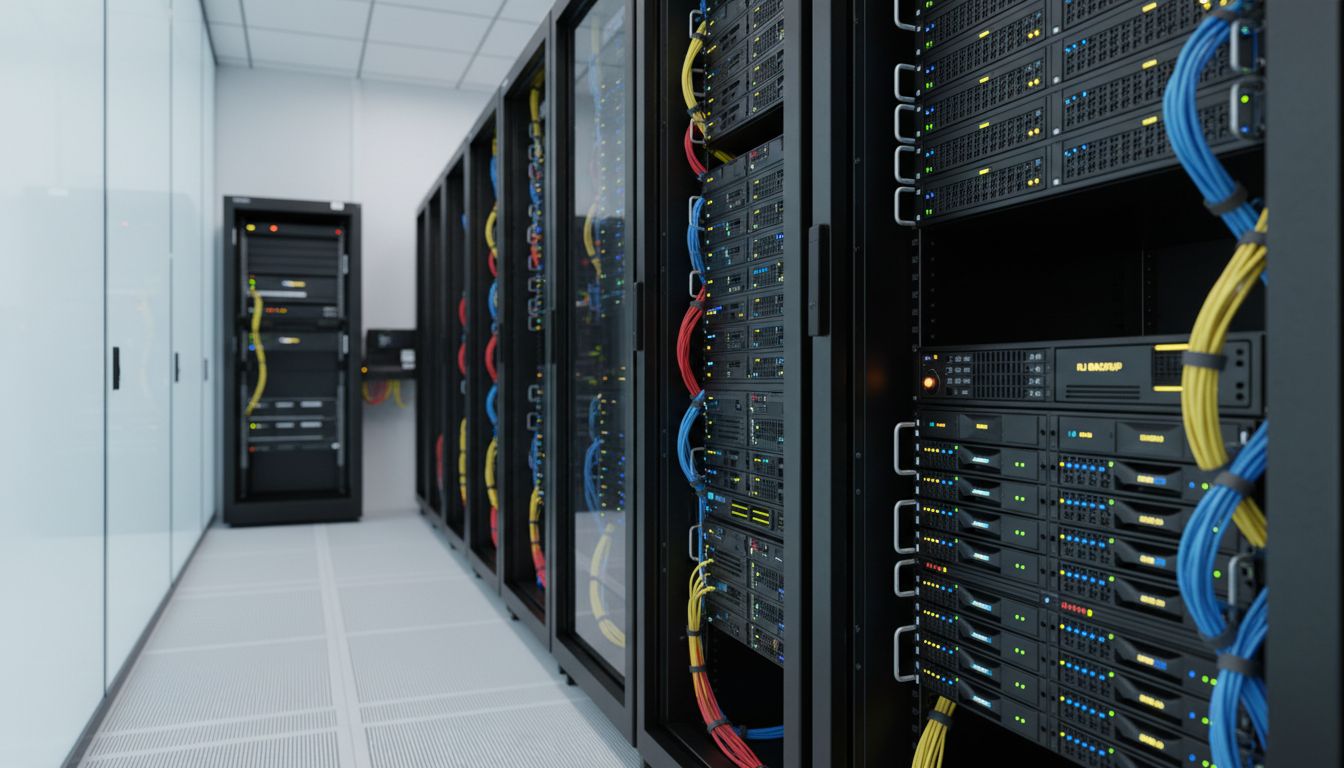 Painel de controle de backup empresarial mostrando RPO, RTO, retenção e status de restauração no Rio de Janeiro.
