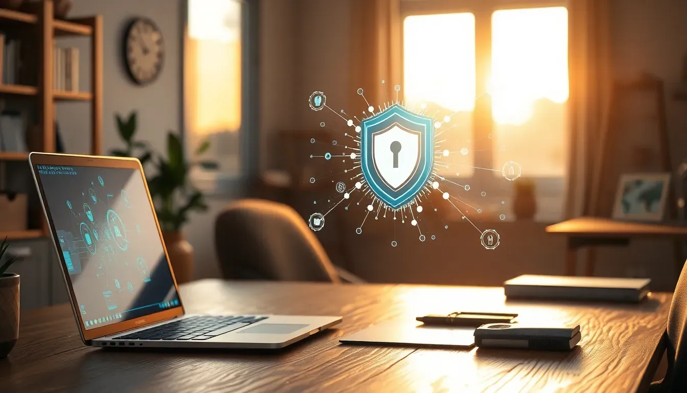Equipe de TI configurando firewall e monitorando alertas de segurança em um escritório corporativo