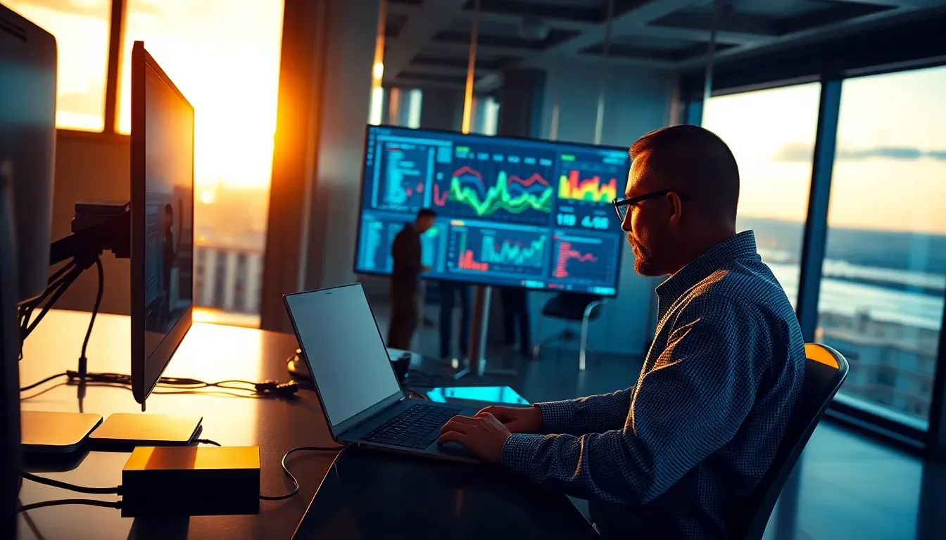 Técnico de TI configurando firewall em escritório no Rio de Janeiro