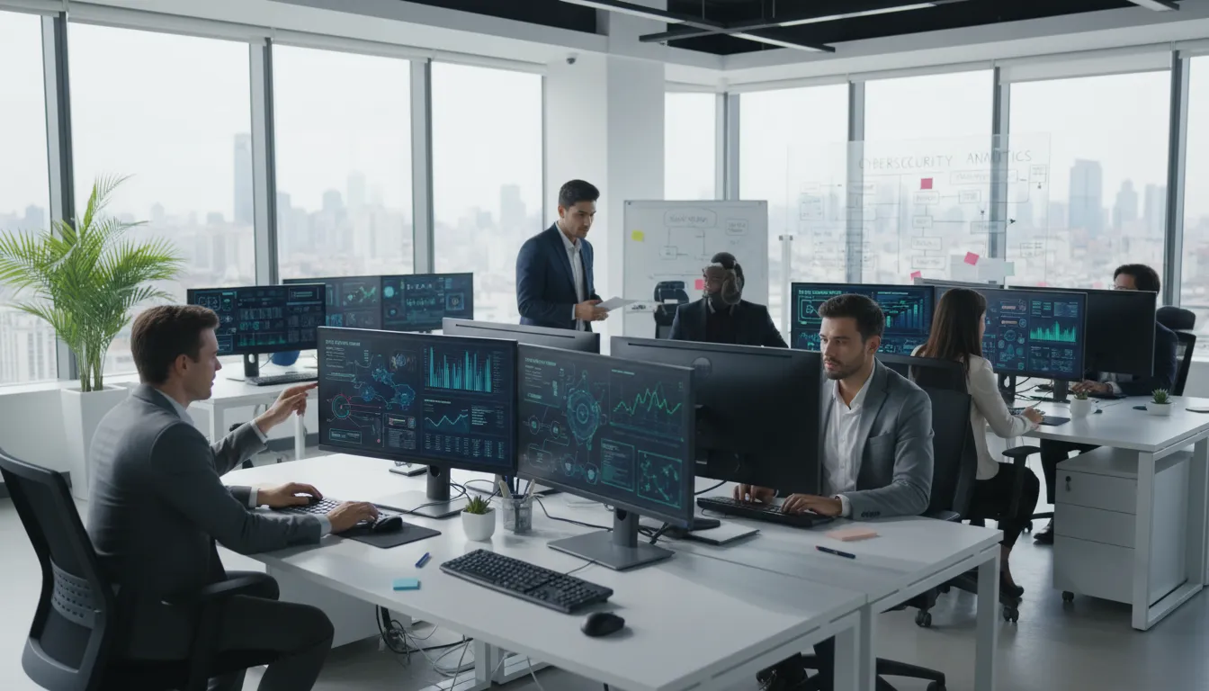 Técnico monitorando painel de segurança com alertas de rede, backup e firewall em tempo real