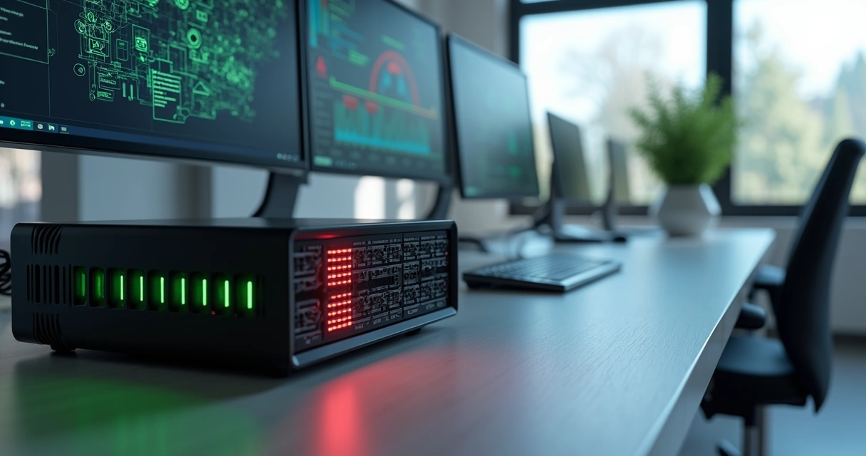 Painel de firewall exibindo regras de segurança e inspeção SSL em tela de computador no escritório