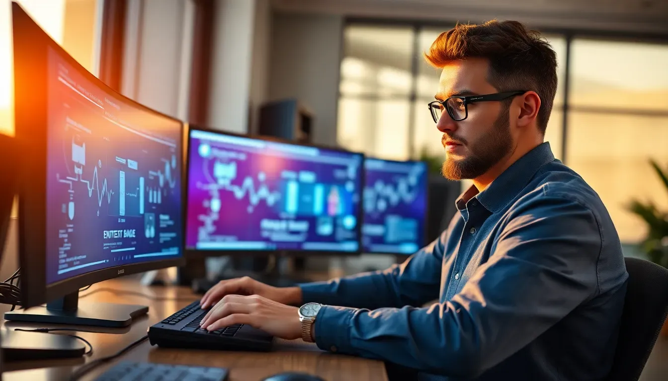 Analista de segurança realizando teste de intrusão em rede corporativa de PME com laptop e dashboard de vulnerabilidades