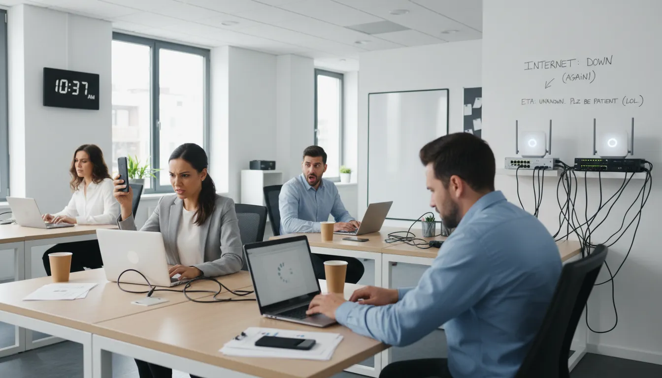 Técnico de TI analisando desempenho de rede em painel de monitoramento com gráficos de latência e consumo de banda.