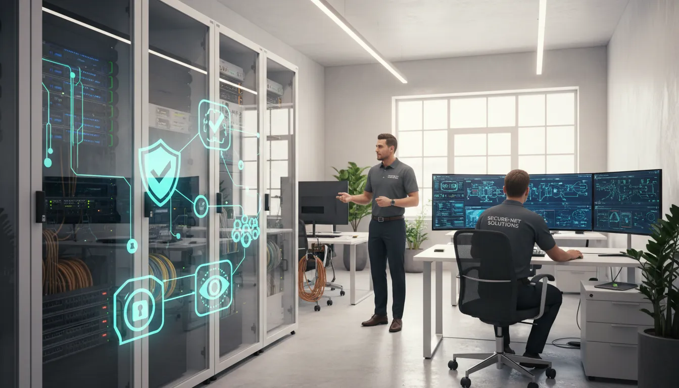 Técnico de TI configurando firewall em rack de servidores de empresa B2B no Rio de Janeiro