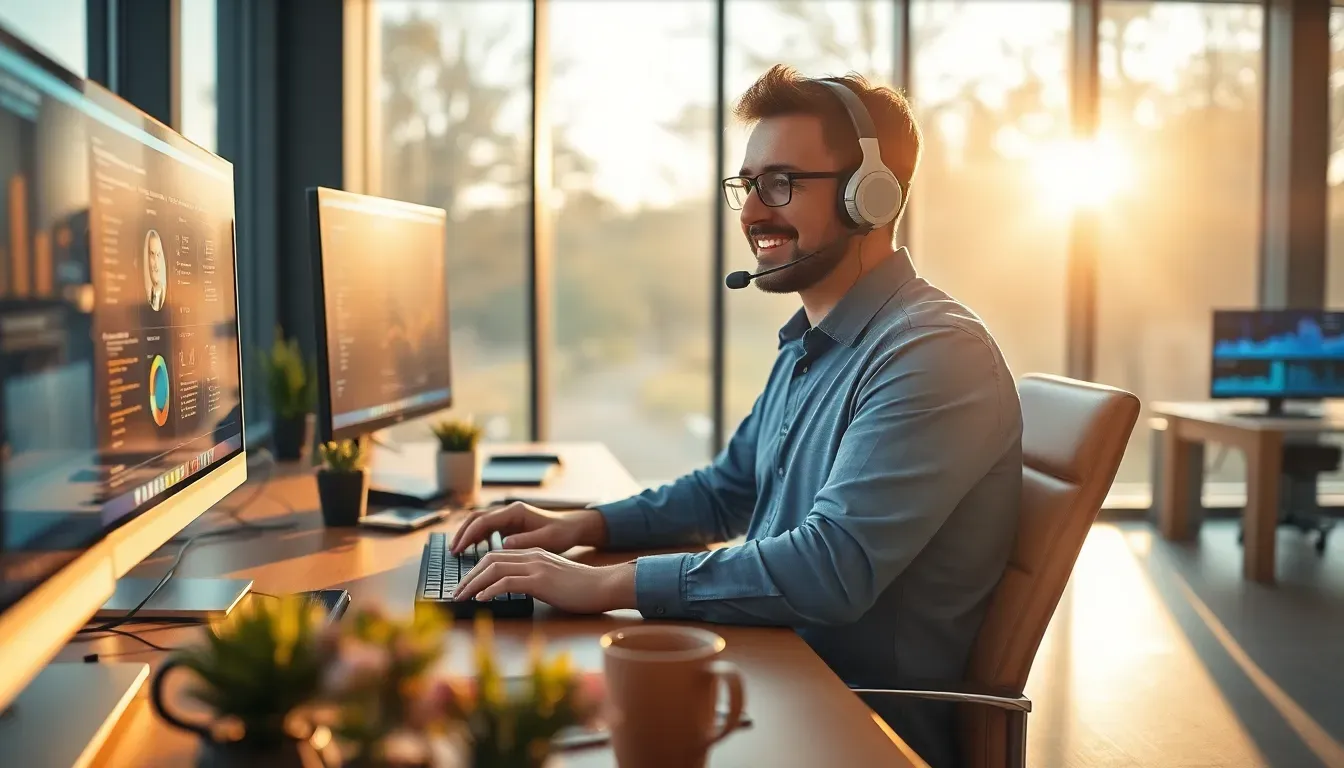 Técnico de TI analisando dashboard com gráficos de custos e indicadores de suporte em um escritório corporativo, com servidores e rede ao fundo.