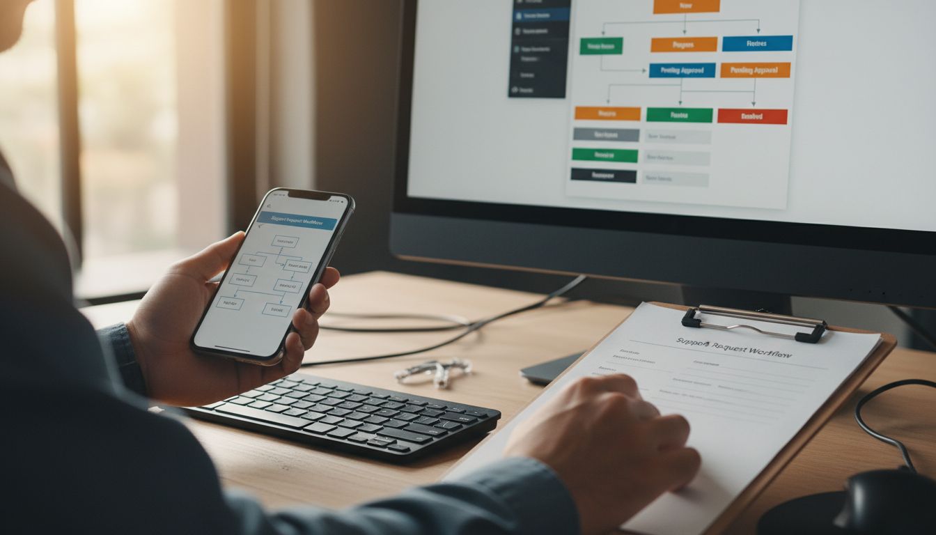Contrato de suporte TI com SLA: caneta sobre documento com checklist de métricas e prazos