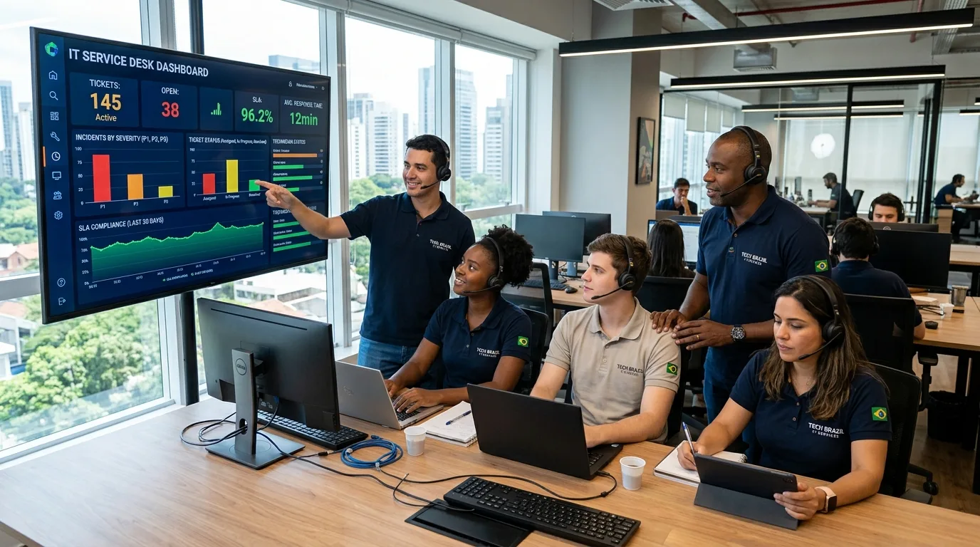 Equipe de service desk profissional monitorando chamados em uma central corporativa moderna