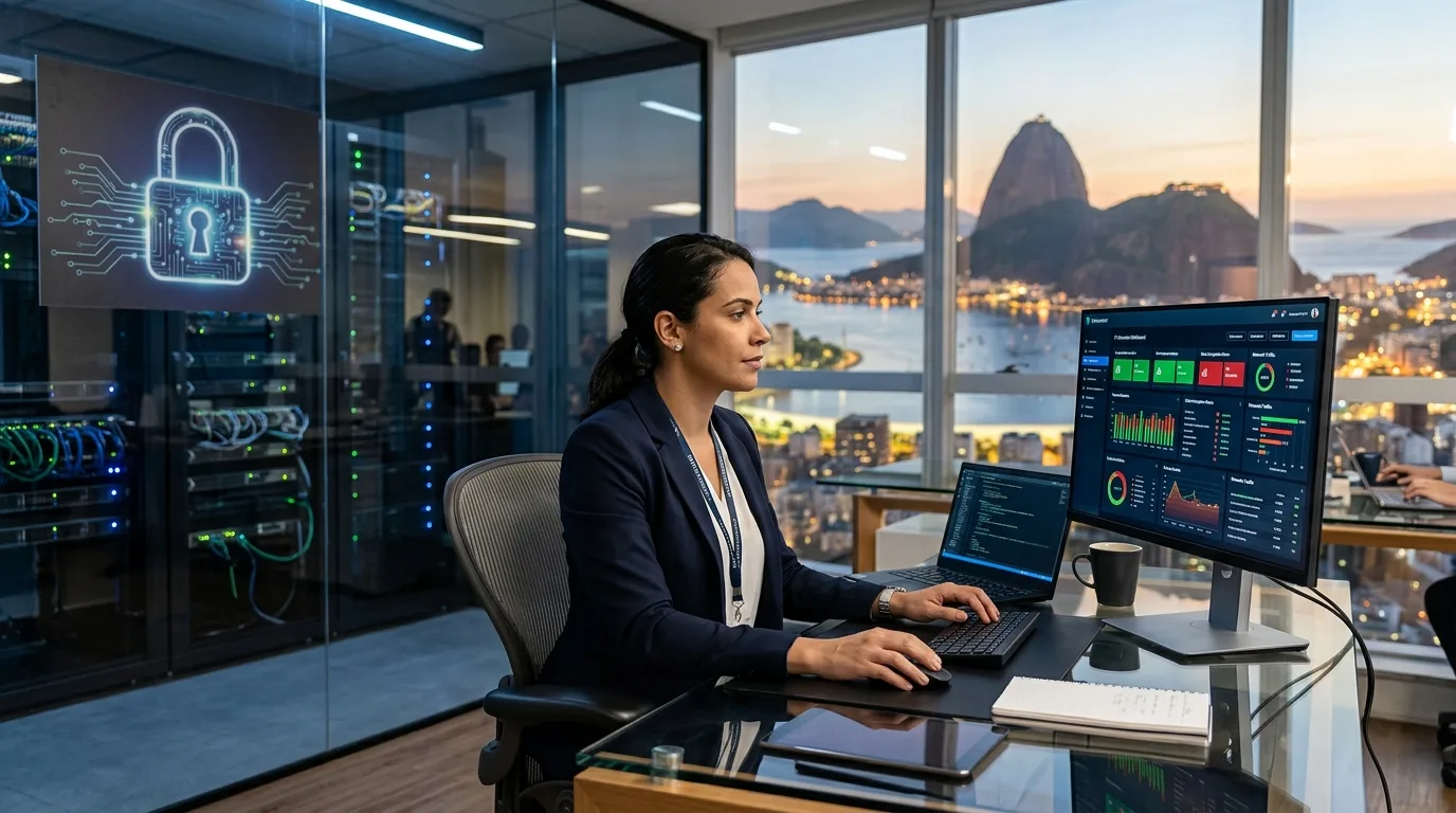 Profissional de TI analisando painel de proteção de dados em escritório corporativo no Rio de Janeiro, com imagens de cadeado digital e servidores ao fundo