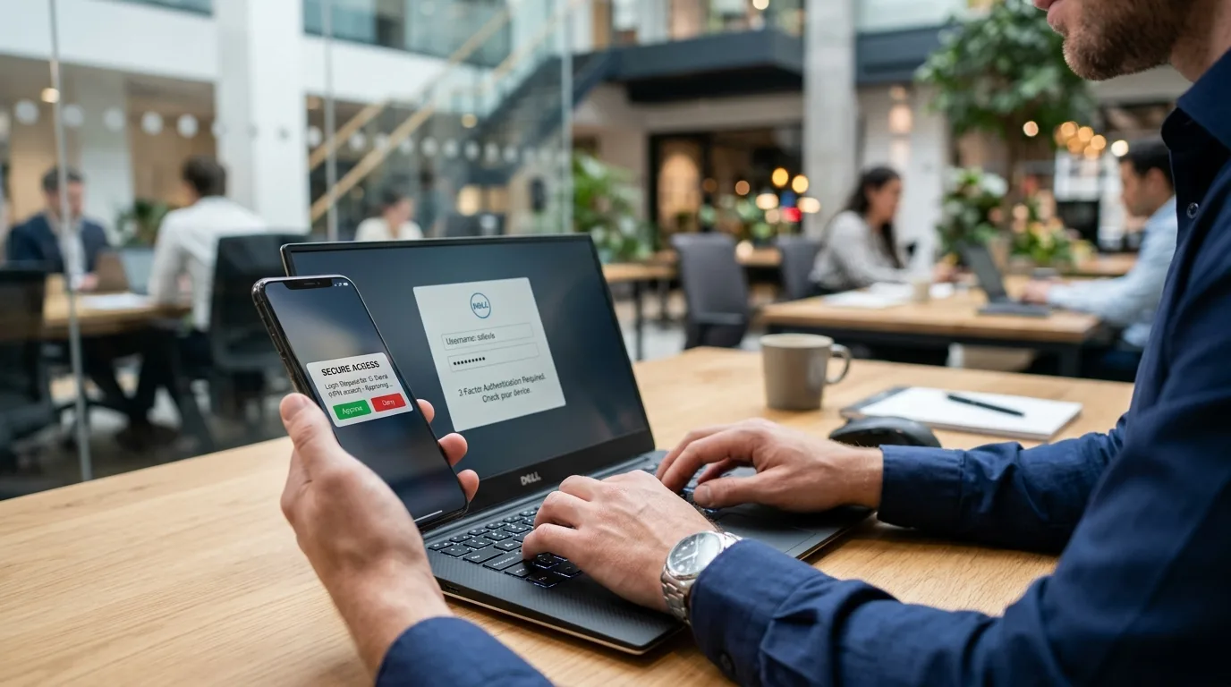 Profissional de TI usando smartphone para aprovar autenticação multifator em um notebook corporativo
