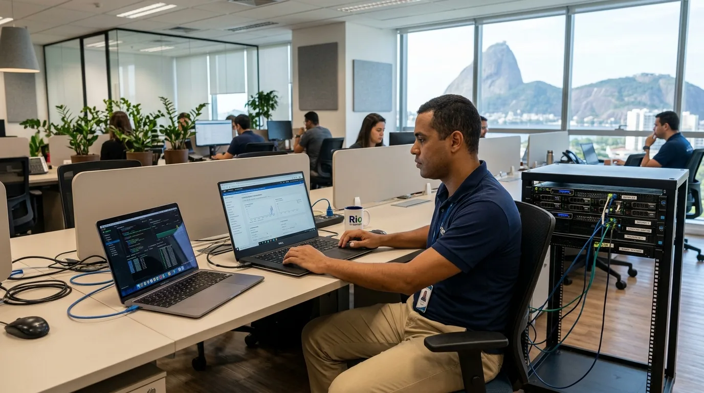 Profissional de TI configurando backup em nuvem em escritório no Rio de Janeiro
