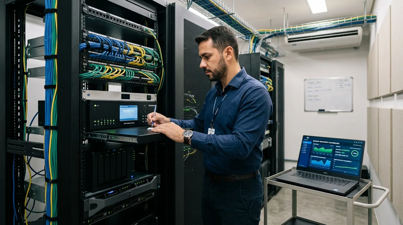 Técnico verificando painel de backup em rack de servidores de uma administradora de imobiliárias no Rio de Janeiro