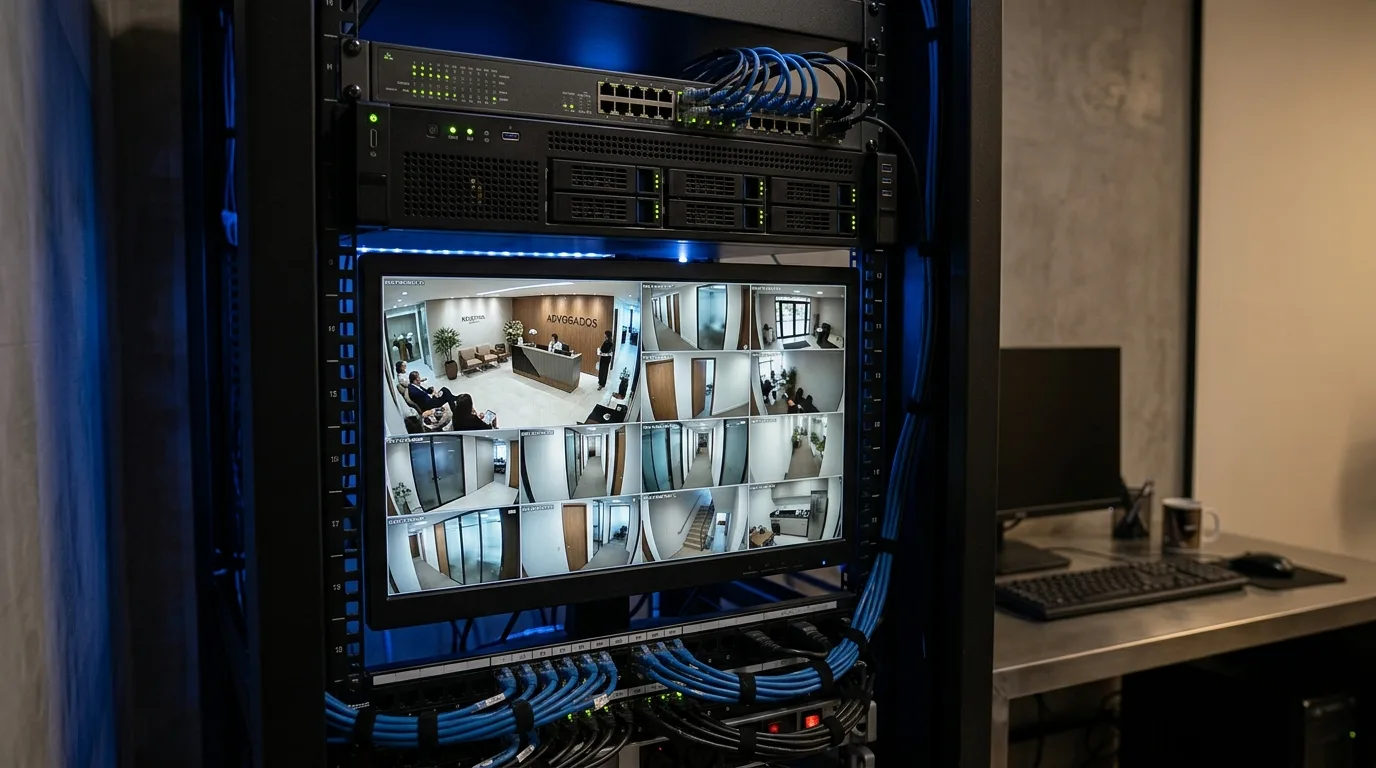 Sala técnica de escritório de advocacia com gravador de CFTV em rack, switch de rede e monitor exibindo imagens das câmeras da recepção e dos corredores