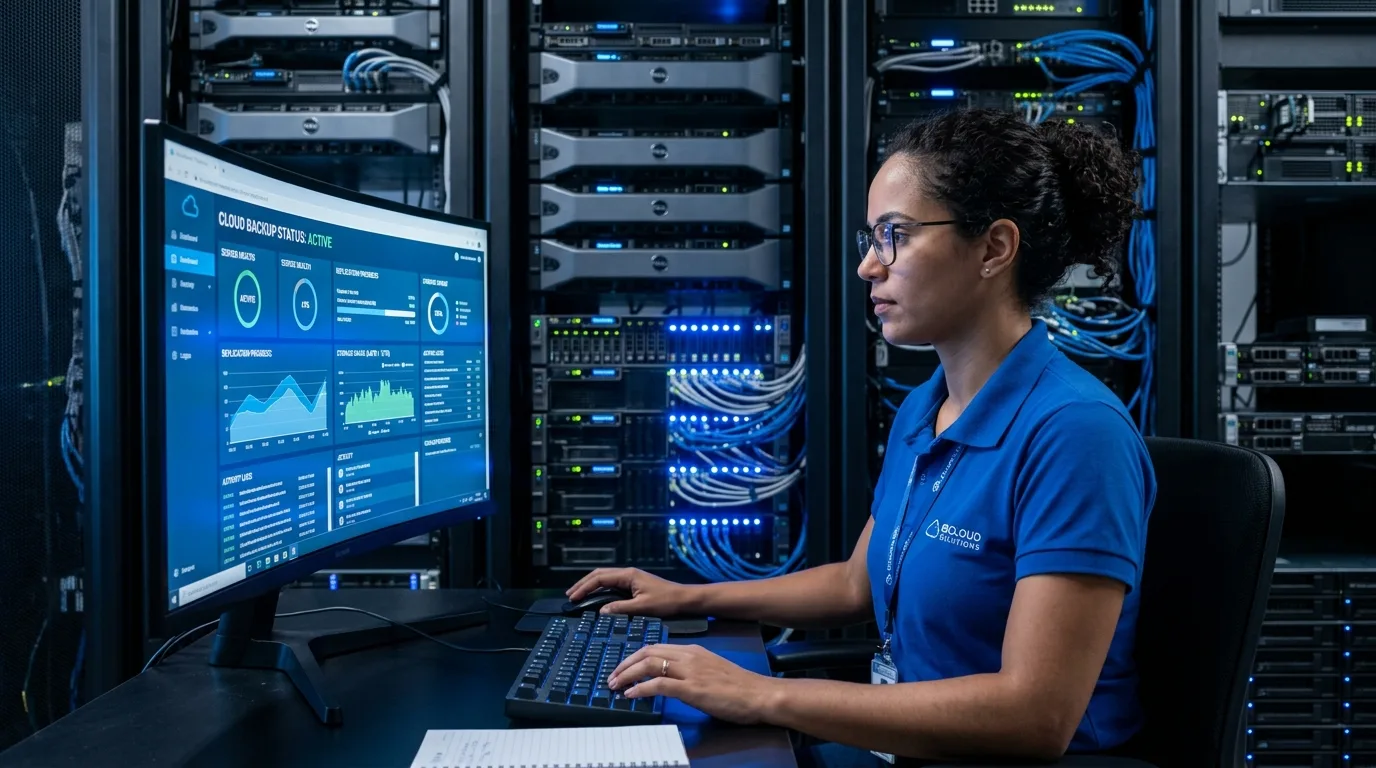 Técnico de TI monitorando painel de backup em nuvem em escritório no Rio de Janeiro