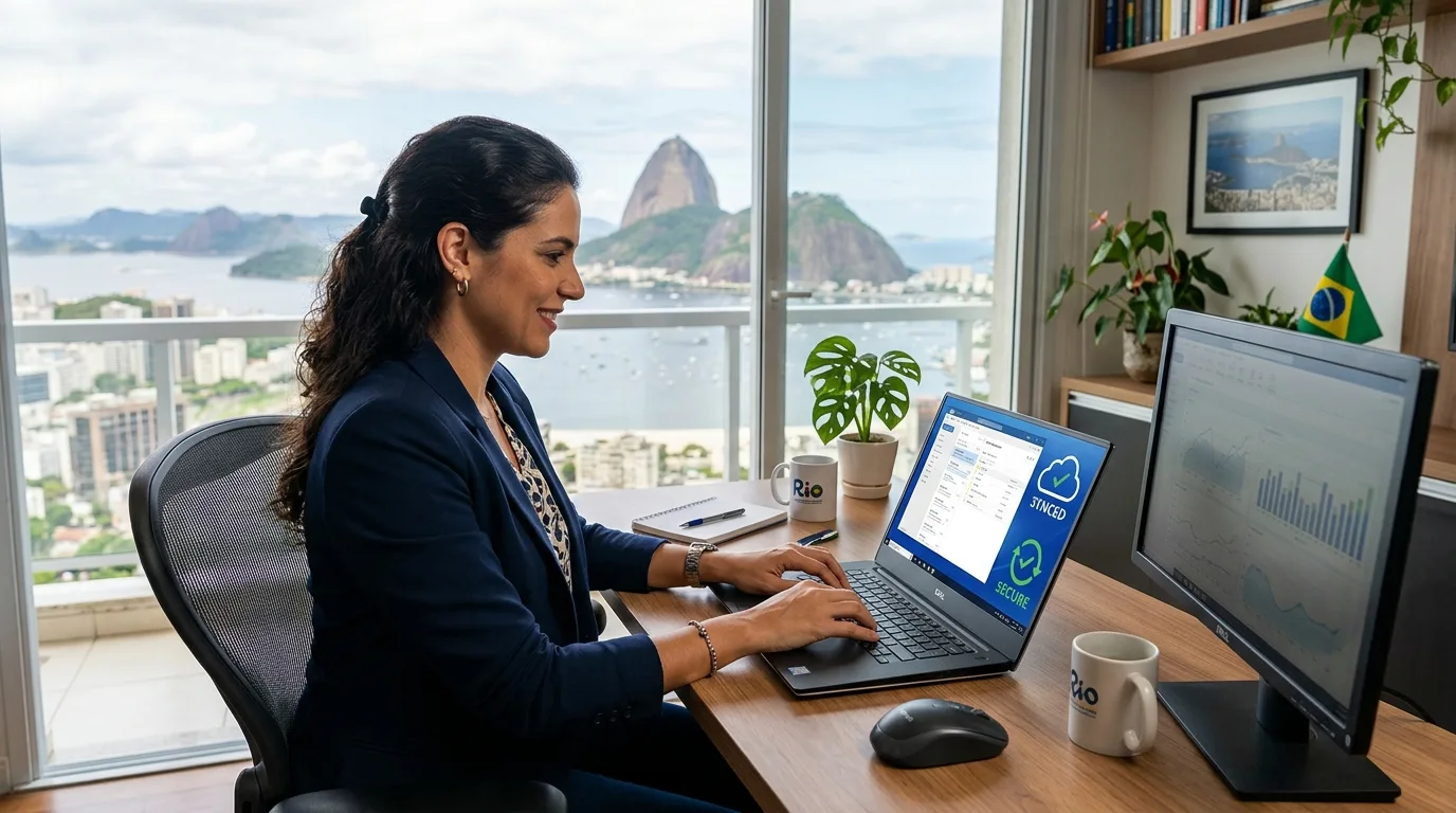Profissional em home office no Rio de Janeiro usando notebook com nuvem e backup protegendo dados, com vista para a cidade