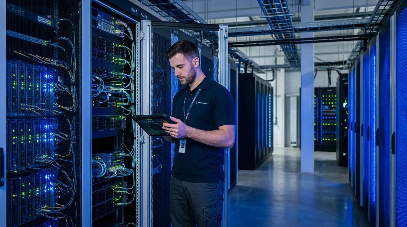 Técnico de TI inspecionando servidores em rack dentro de um data center corporativo