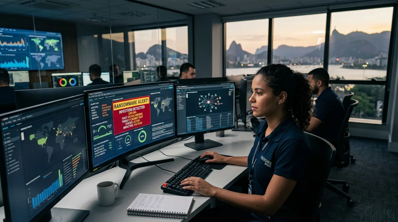 Profissional de TI analisando alerta de ransomware em painel de segurança em escritório corporativo no Rio de Janeiro