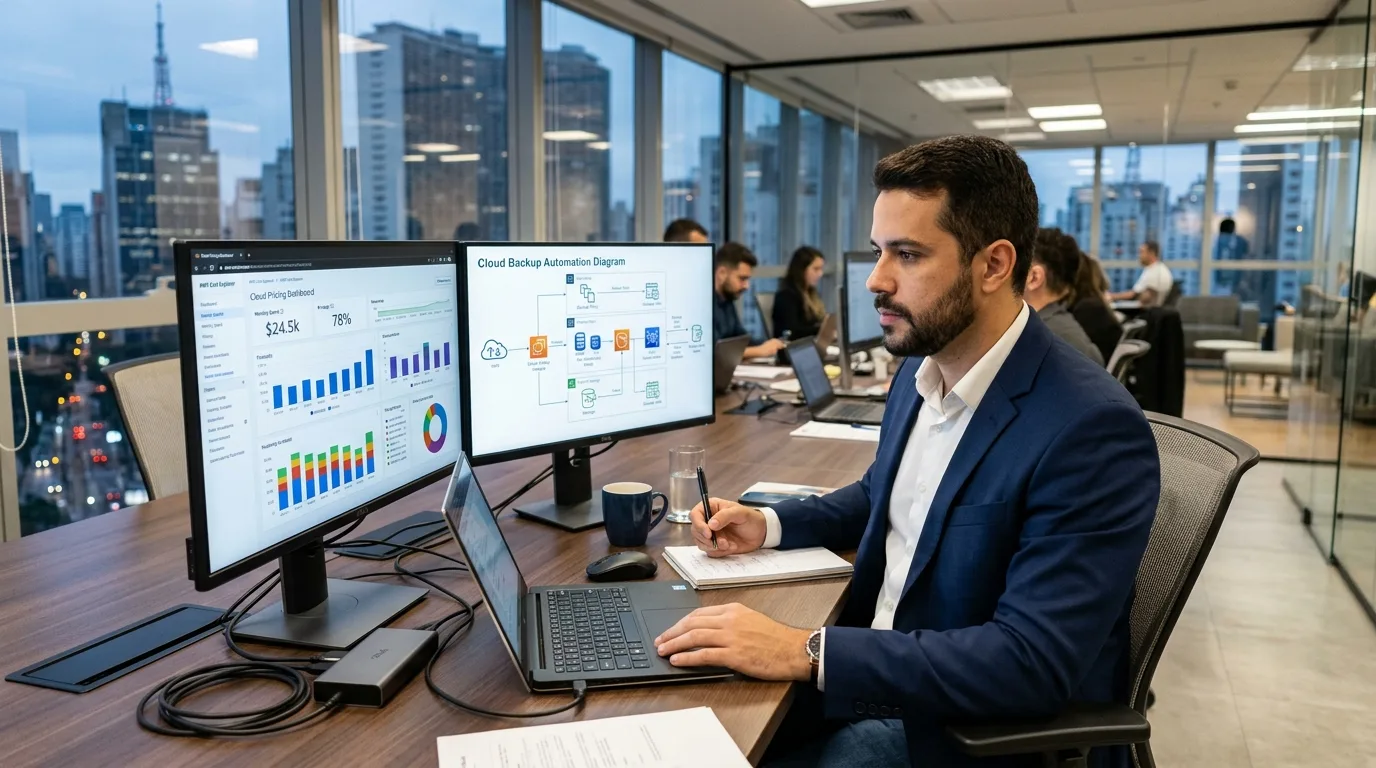 Profissional de TI analisa gráfico de preços de cloud e backup automático em um escritório corporativo em São Paulo