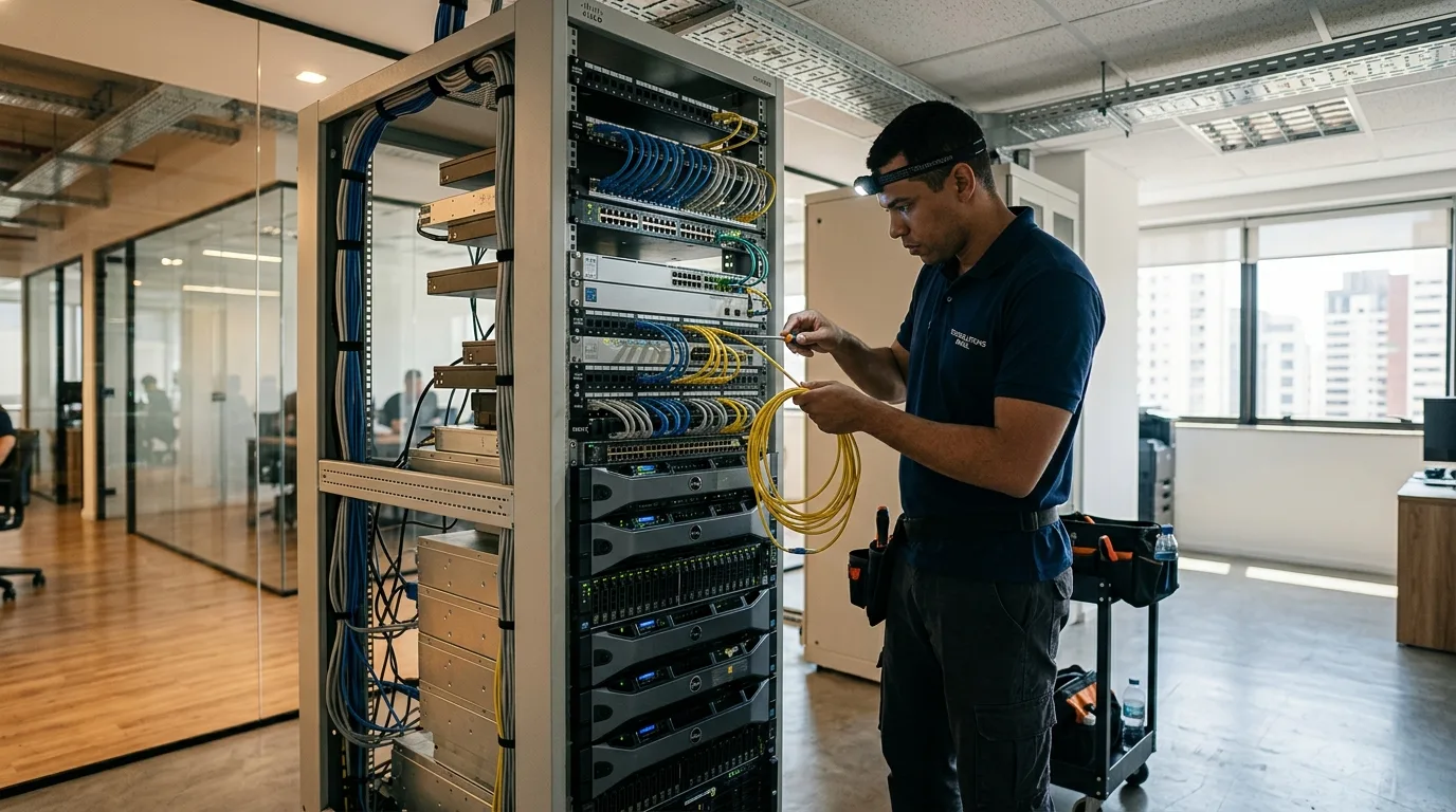 Técnico de TI analisando servidor em empresa no Rio de Janeiro