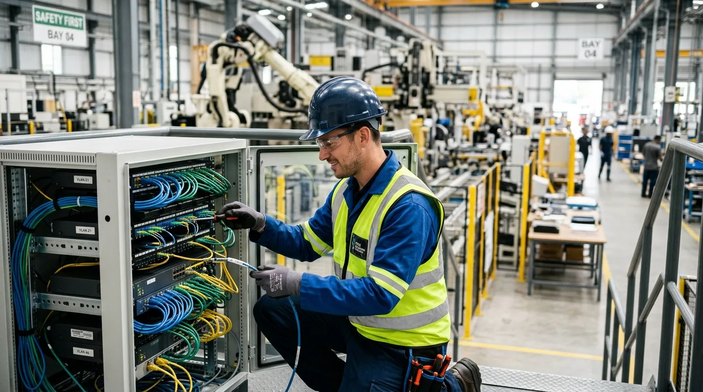 Técnico de field service de TI com capacete e colete de segurança trabalhando em rack de switches no chão de fábrica de uma indústria