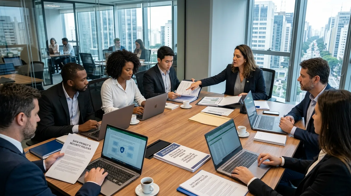 Equipe executiva analisa documentos de conformidade e segurança da informação em sala de reunião corporativa no Rio de Janeiro.