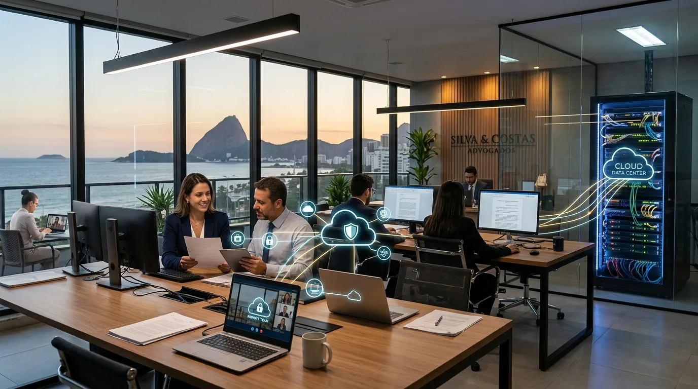 Escritório de advocacia com equipe trabalhando de forma híbrida, usando infraestrutura de TI em nuvem e VPN no Rio de Janeiro.