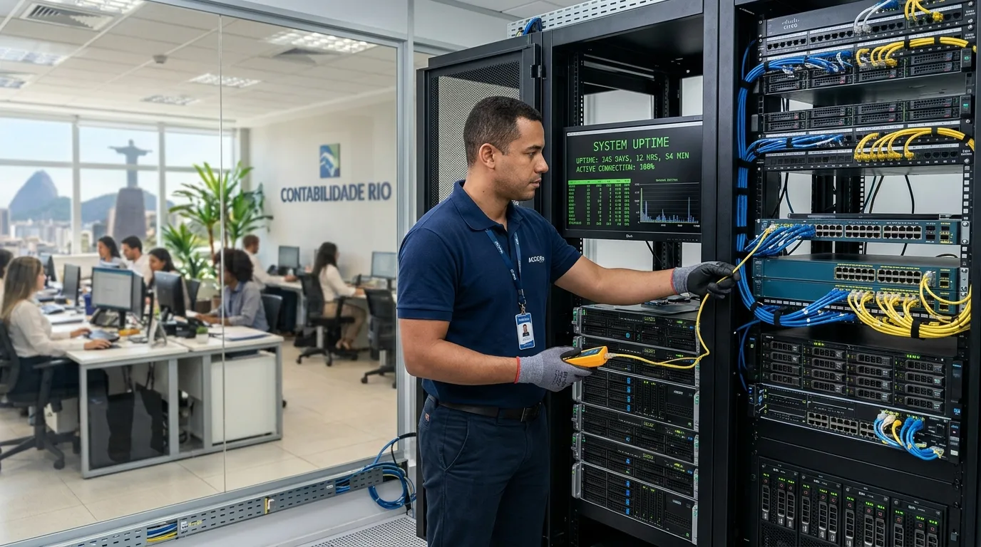Técnico da Simples Solução TI configurando servidores e rede em escritório de contabilidade no Rio de Janeiro
