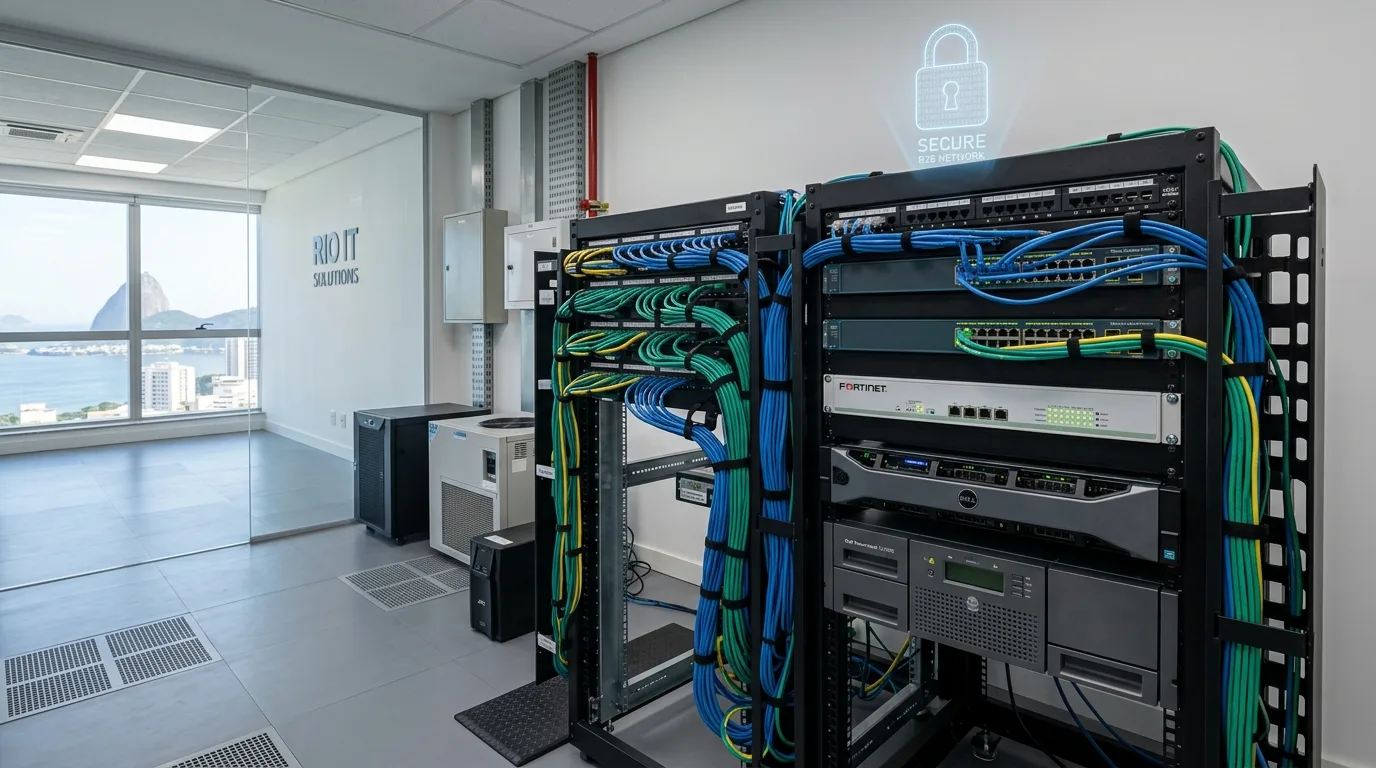 Sala de servidores empresarial com rack organizado, firewall e indicação visual de conformidade com a LGPD
