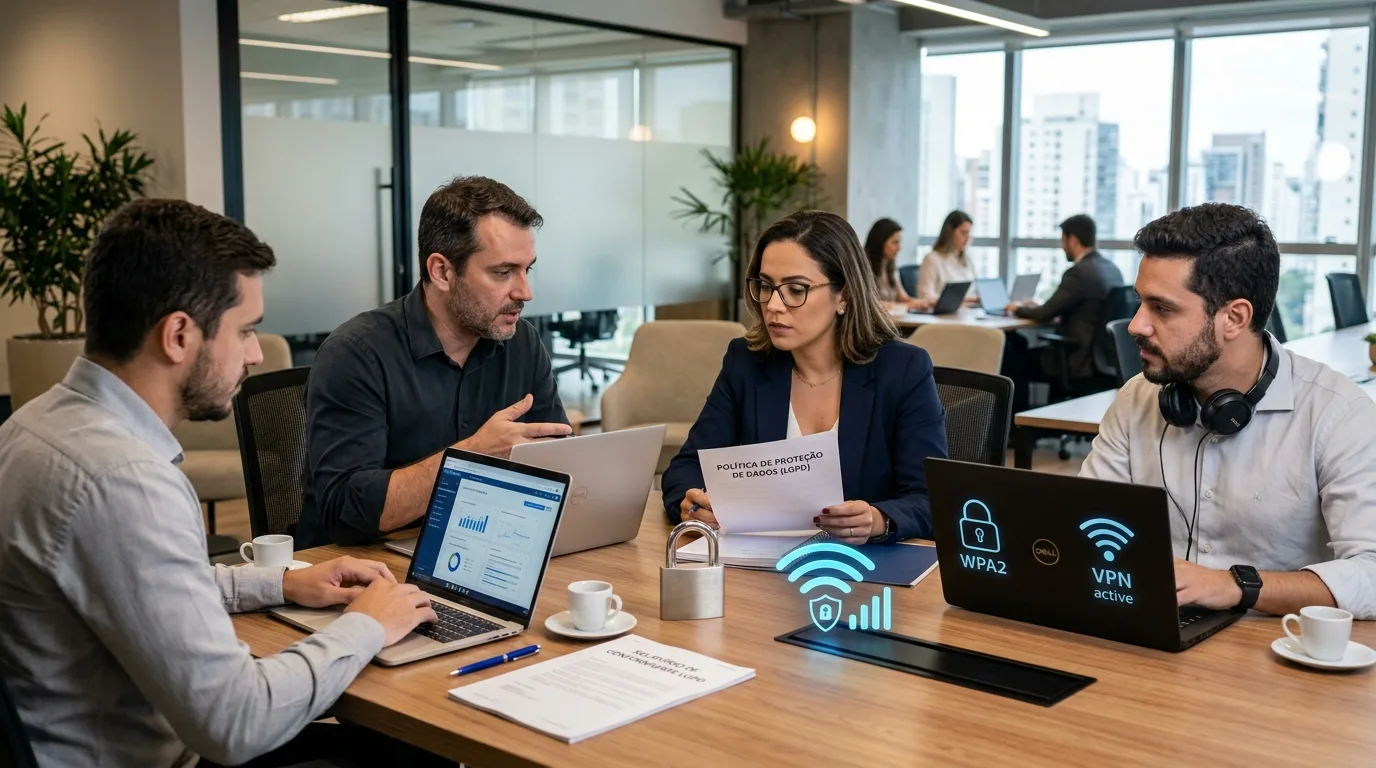 Equipe de TI revisando políticas de proteção de dados em uma sala de reunião corporativa, com notebook, documentos e cadeado sobre a mesa.
