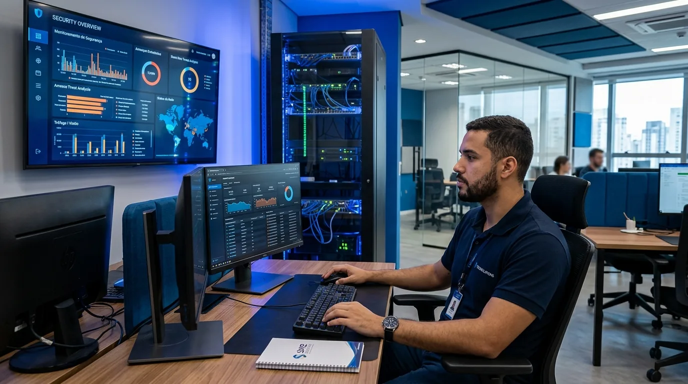 Profissional de TI monitora painel de segurança e servidores em escritório corporativo de uma PME brasileira