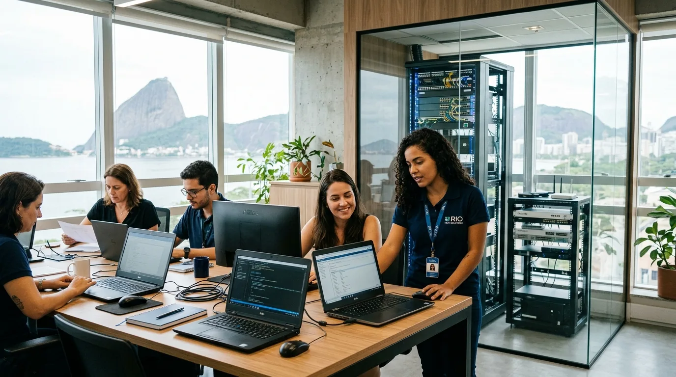 Técnico de suporte de TI ajudando funcionários de uma pequena empresa em escritório no Rio de Janeiro