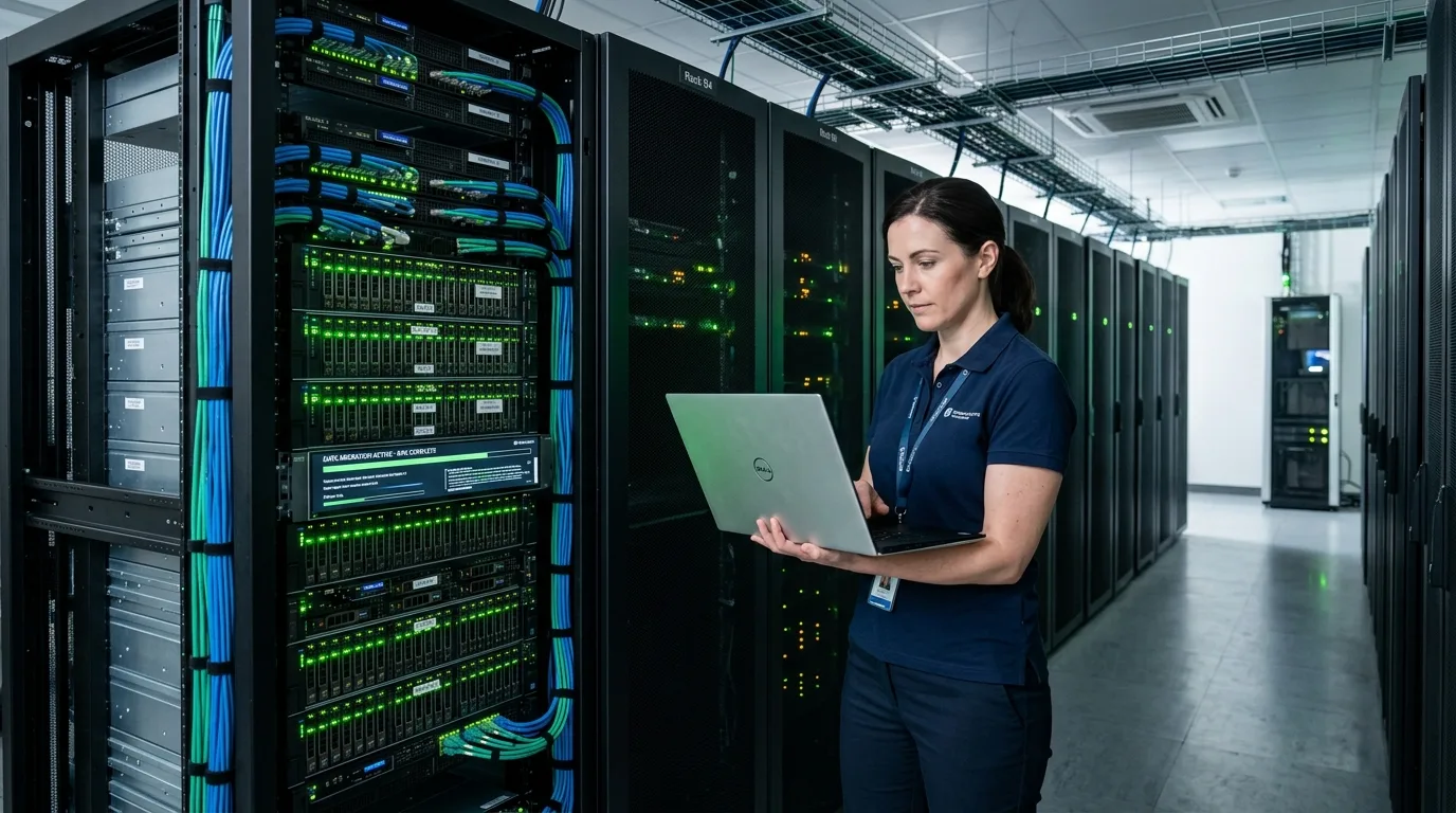 Técnico de TI realizando migração de servidores em rack com cabos organizados, sem interromper a operação.
