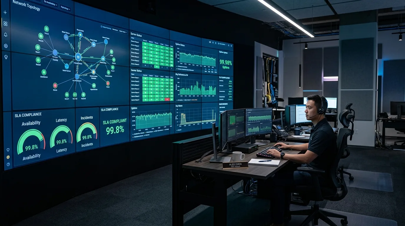 Painel de monitoramento de TI com indicadores de SLA, servidores em operação e alertas de rede em escritório corporativo