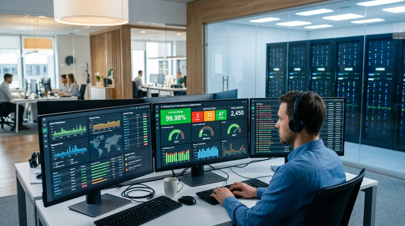 Painel de monitoramento de TI proativo exibindo gráficos de uptime, alertas e disponibilidade de servidores.