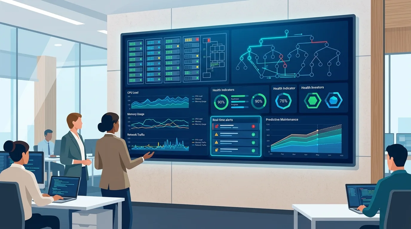 Painel de monitoramento proativo de infraestrutura com gráficos de servidores, alertas e indicadores em tempo real em uma tela corporativa