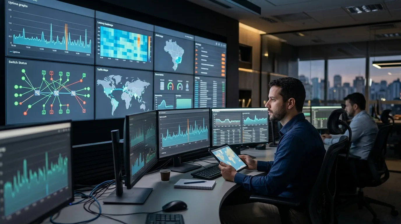 Técnico de TI analisando painel de monitoramento de rede com gráficos de disponibilidade e alertas em ambiente corporativo