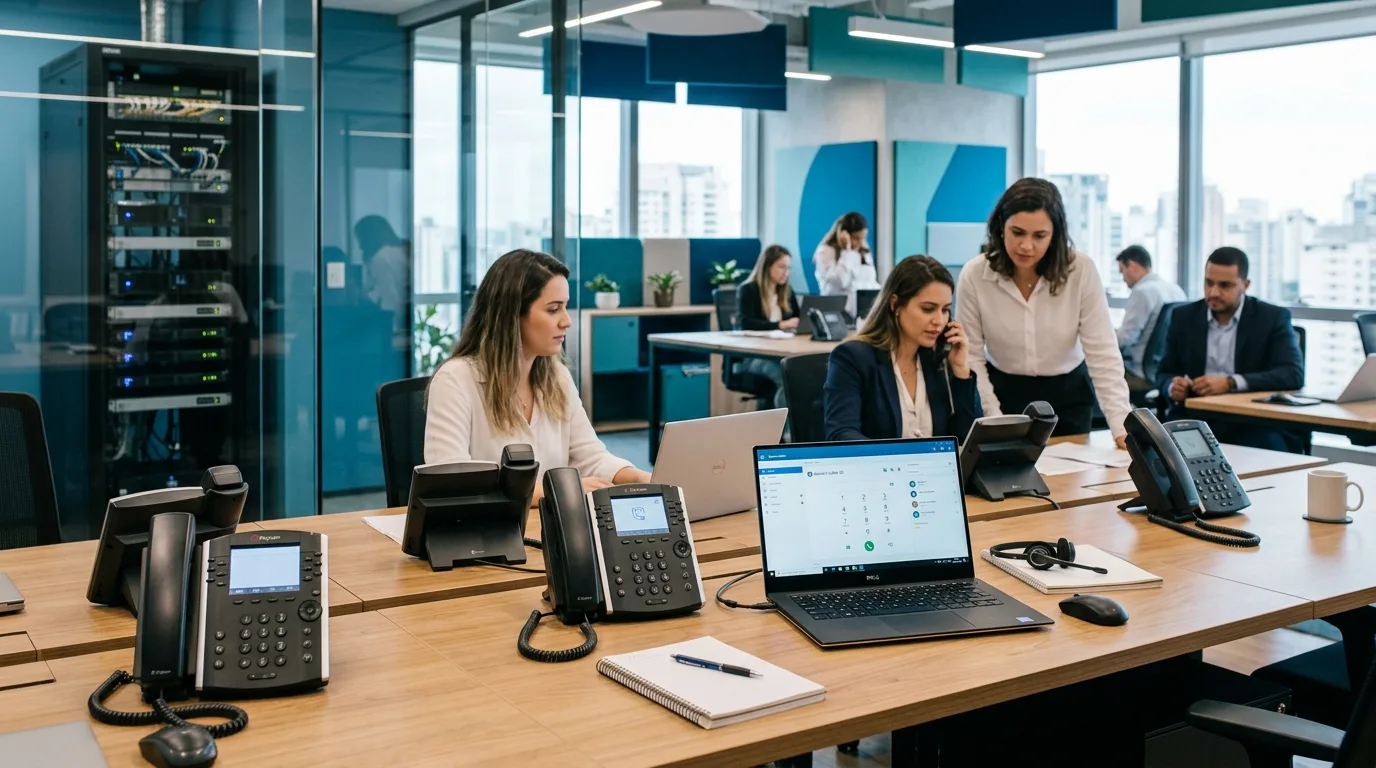 Telefones IP sobre mesas de escritório contábil com notebook exibindo softphone, representando ramais de PABX em nuvem integrados à rede corporativa