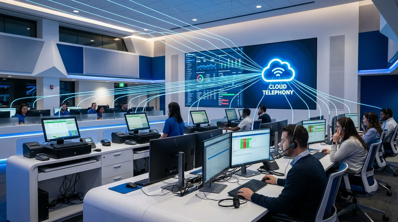 Central telefônica em nuvem conectando várias lojas de varejo, com ramais, filas de atendimento e portabilidade de números