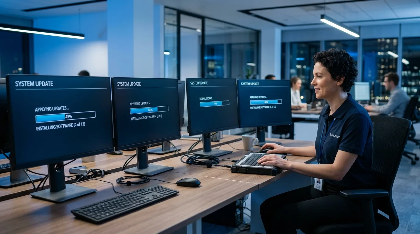 Técnico de TI atualizando softwares em computadores corporativos no escritório da empresa