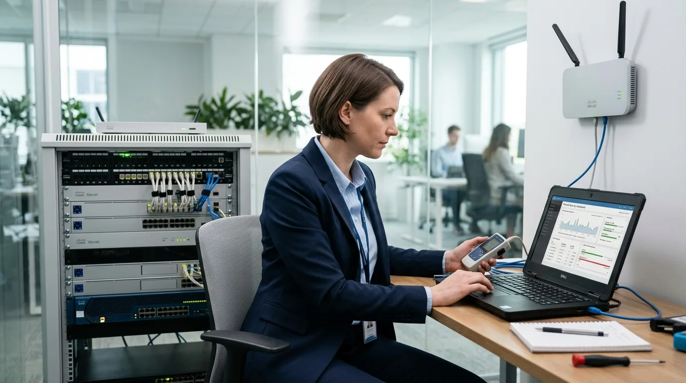 Profissional de TI configurando roteador wireless corporativo com segurança em escritório moderno no Rio de Janeiro