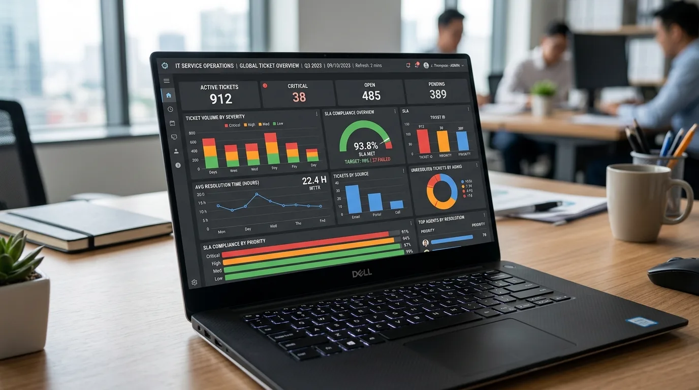 Dashboard de relatórios de TI mostrando métricas de SLA e chamados abertos
