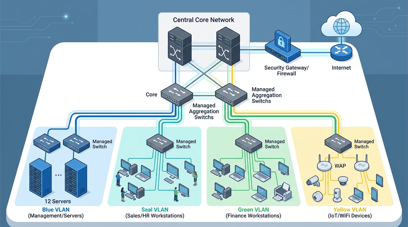 Diagrama de rede corporativa mostrando switches gerenciáveis segmentados em VLANs isoladas