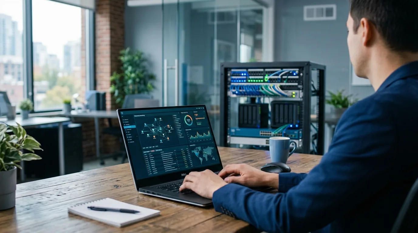 Notebook corporativo exibindo painel de segurança cibernética em escritório pequeno, com rack de servidores e cadeado digital ao fundo