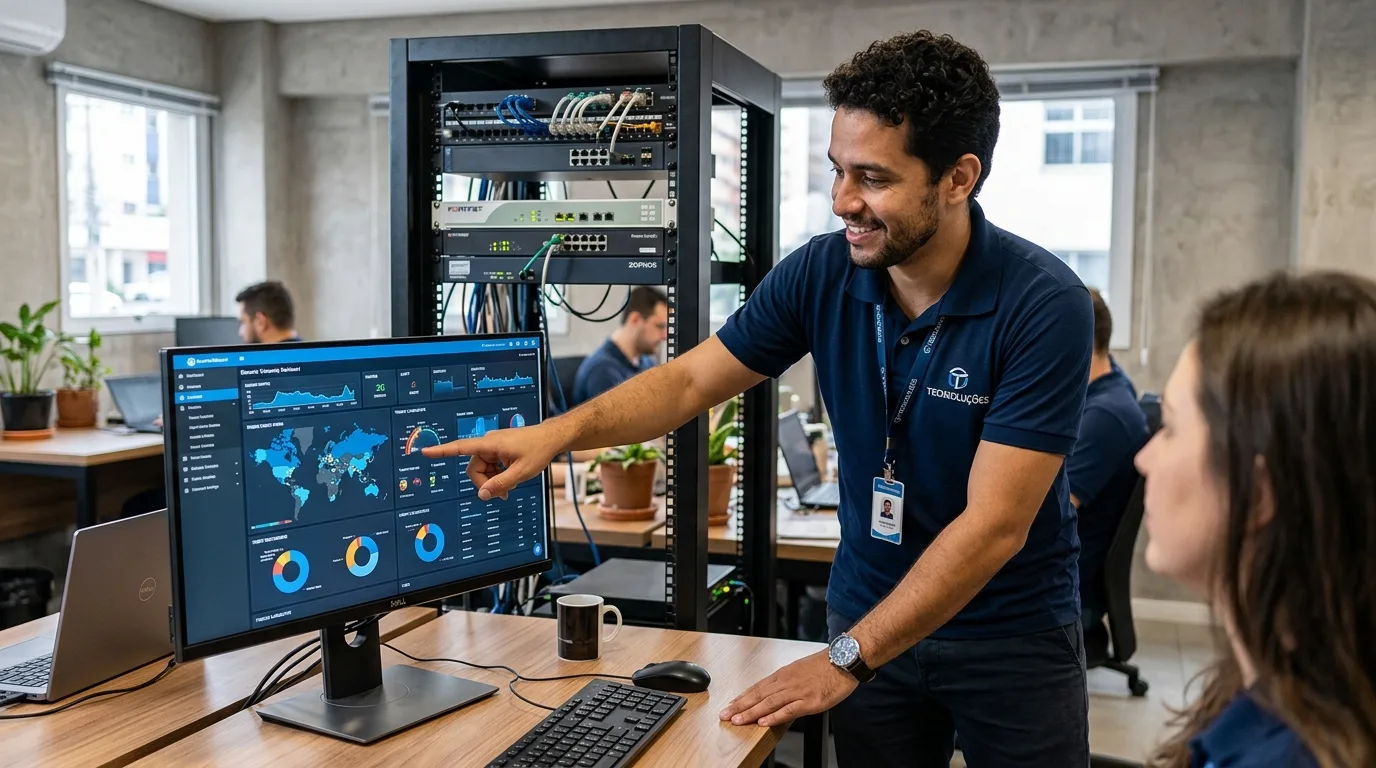 Técnico de TI apontando para painel de segurança de dados em empresa de pequeno porte no Rio de Janeiro