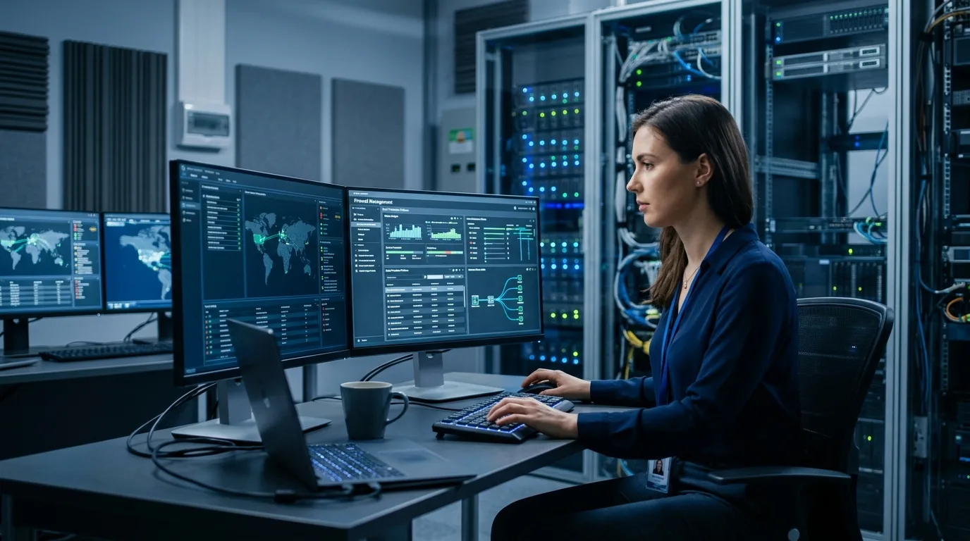 Analista de TI configurando políticas de segurança de dados em painel de firewall corporativo, com servidores ao fundo