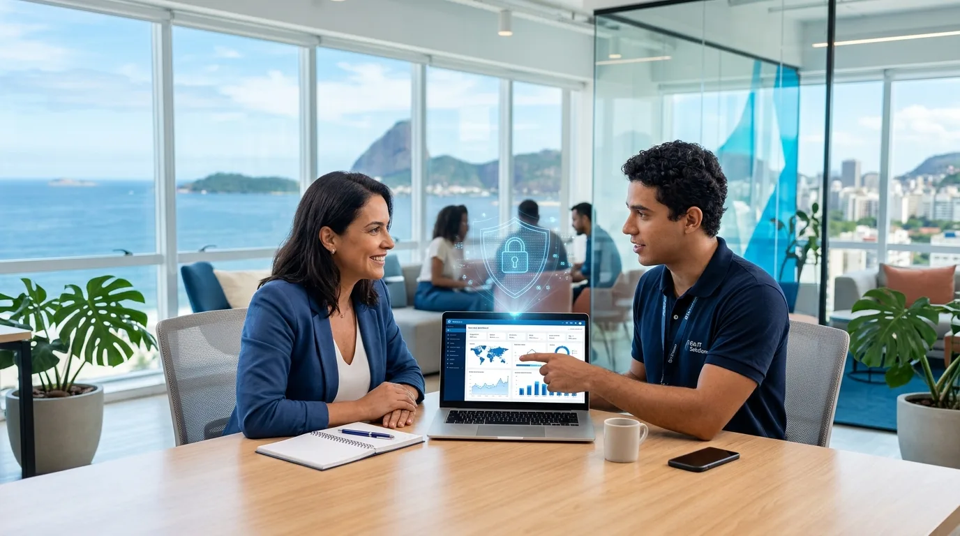 Técnico de TI apontando para monitor com escudo de segurança virtual ao lado do empresário em escritório pequeno