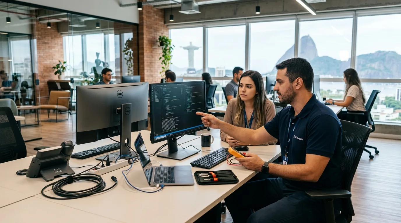 Técnico de TI realizando atendimento presencial em escritório corporativo no Rio de Janeiro com notebook e ferramentas de suporte