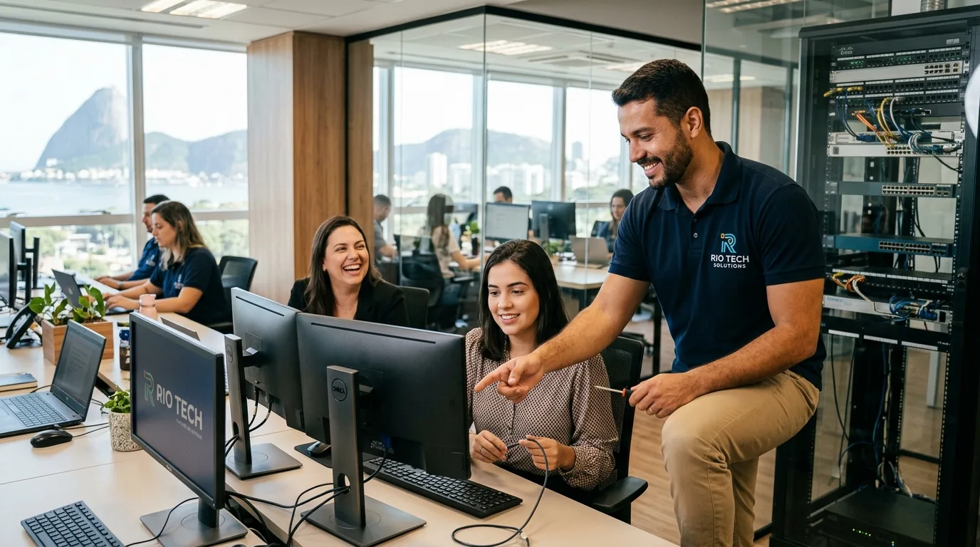 Técnico de suporte de TI realizando atendimento presencial em empresa no Rio de Janeiro